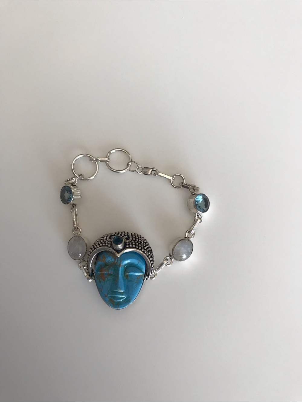925 Sterling Silver Carved Goddess Face Mask Bracelet Blue Topaz Garnet